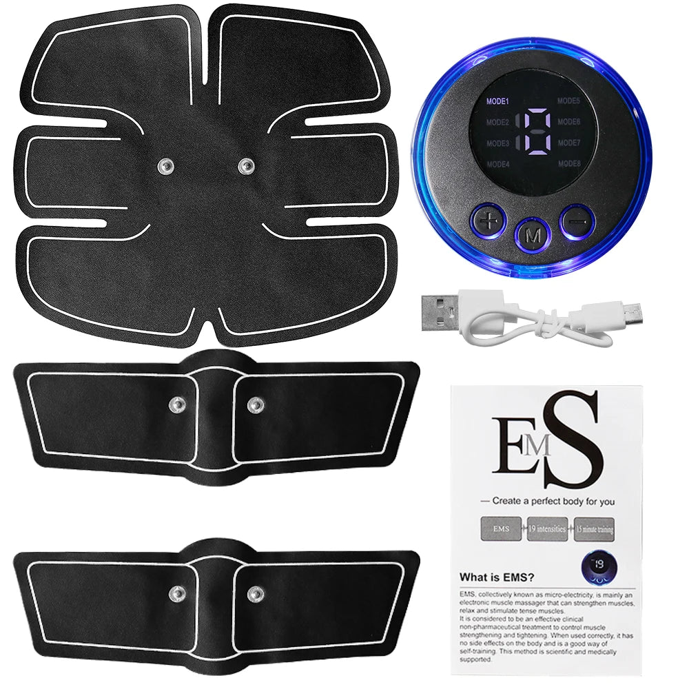 8 Modes ABS Stimulator Abdominal Massager Muscle Stimulator Fitness EMS Device Trainer 19 Gear Adjustment Electrode Stickers Pad