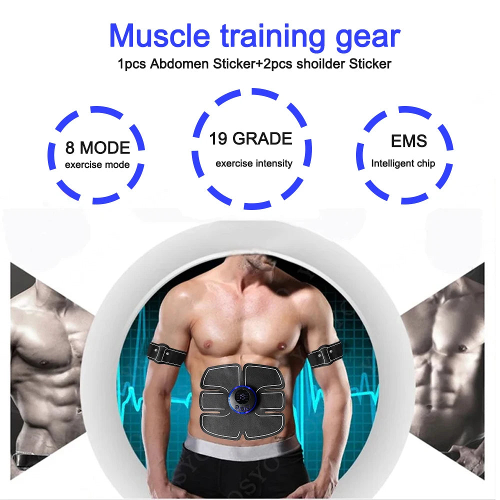 8 Modes ABS Stimulator Abdominal Massager Muscle Stimulator Fitness EMS Device Trainer 19 Gear Adjustment Electrode Stickers Pad